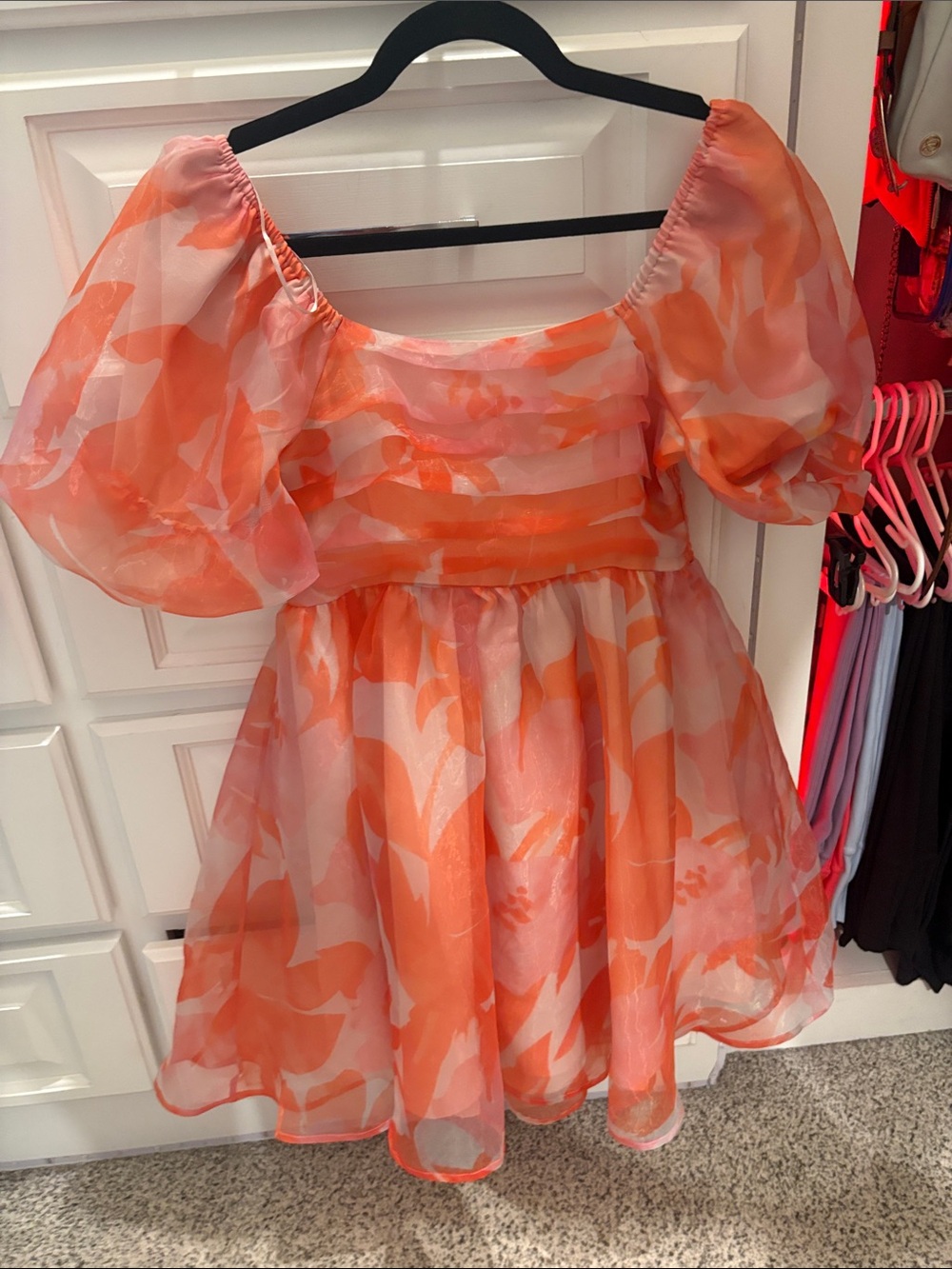 Orange Floral Puff-Sleeve Party Dress with Layered Skirt